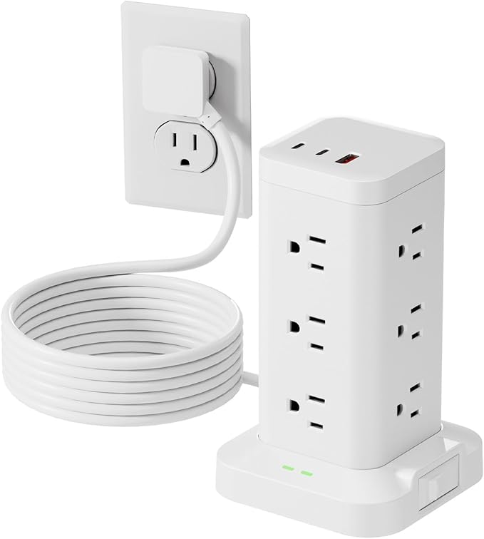 15-in-1 Power Strip Tower with Surge Protector 1800J, Fast Charging Tower PD20W USB-C Ports with 12 AC Outlets, 6ft Extension Cord for Home Office Dorm Room, White