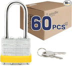 LanuBe Lock Laminated Steel Padlock (1-9/16", 40mm), keyed Alike Locks, Long Shackle,Marked Yellow Plastic Hoop, Pack of 60