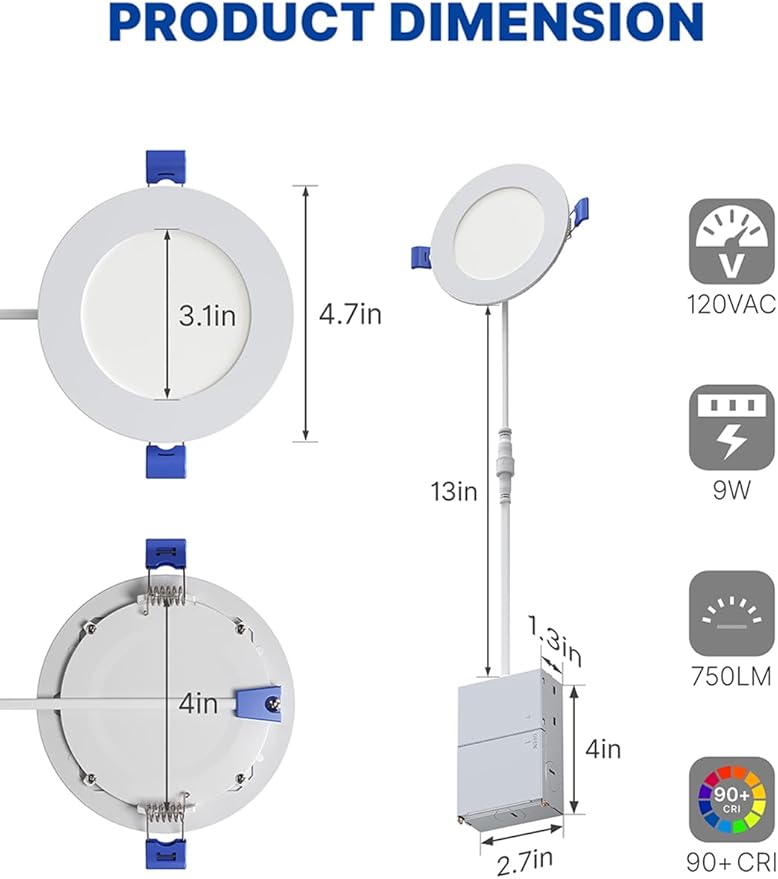 12 Pack 6 Inch LED Recessed Ceiling Light| 5CCT Dimmable 2700K-5000K| RA90 1050LM 12W 120V| Ultra-Thin High Brightness Canless Wafer Downlight with Junction Box| IC ETL FCC Certification