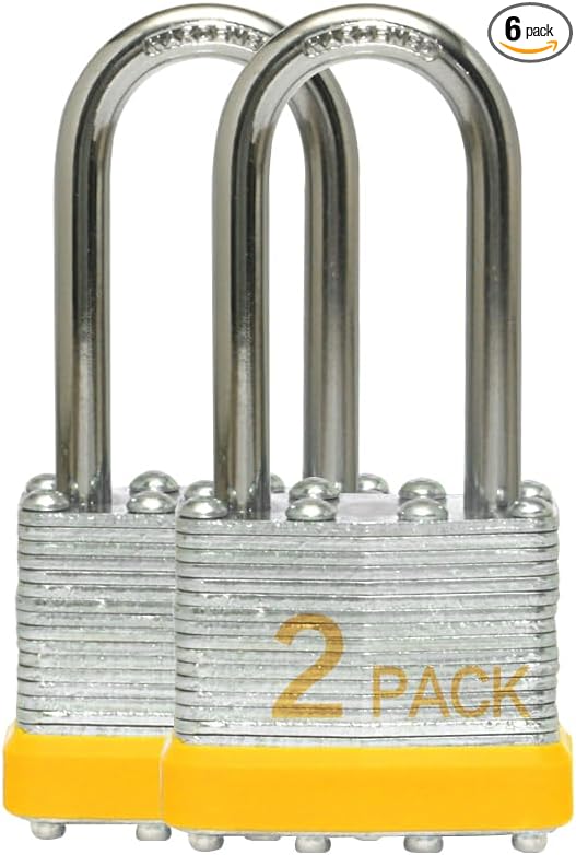 Keyed Alike Laminated Steel Padlocks with Long Shackle for Sheds, Fences & Lockers (2-Pack)