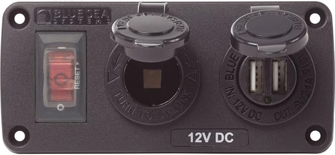 Blue Sea Systems 4363 Water-Resistant Accessory Panels, 15A Circuit Breaker, 12V Socket, 2.1A Dual USB Charger