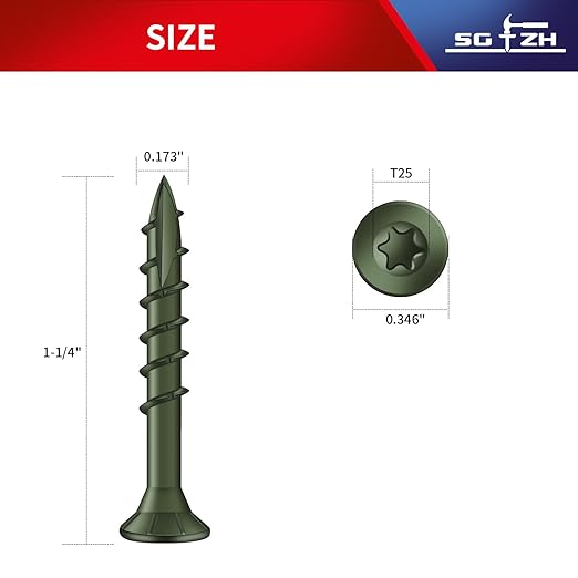 #8 x 1-1/4" Deck Screws (183Pcs) 1lb. Exterior Wood Screws. Carbon Steel, Green, Flat Head, Rust Resistant epoxy Coated, with T25 Star Bit