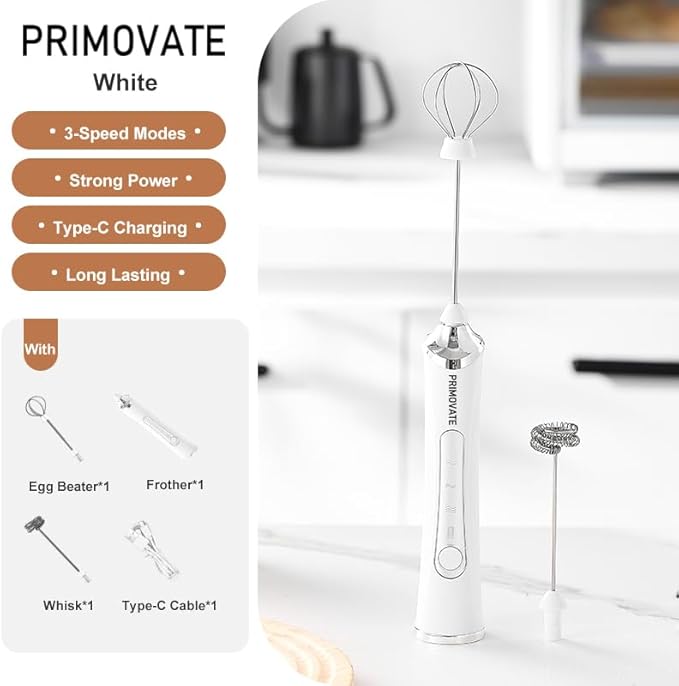 Rechargable Milk Frother, Handheld Drink Mixer with Whisk Attachment, 2025 upgraded, powerfull 3 speed motor, Type C charging with charge light, with extra egg mix head (White without Stand)