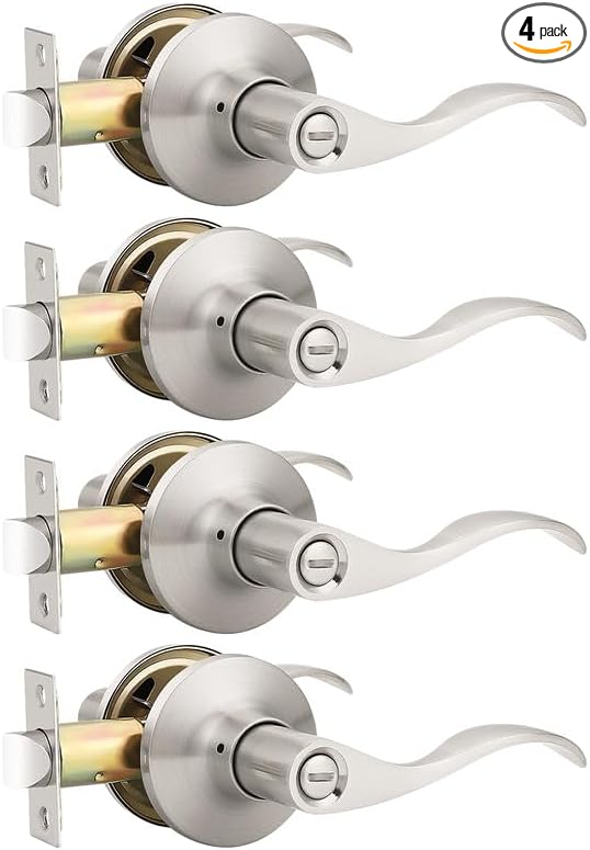 Mengico 4 Pack Satin Nickel Privacy Door Lever, Modern Interior Door Knobs Locks for Bedroom and Bathroom, Heavy Duty Door Handle, Reversible Wave Lever Handle