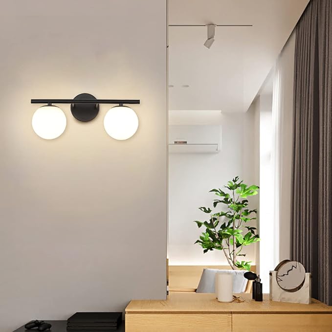 New Bathroom 2 Vanity Light Fixtures Brushed Black Milk White Globe Glass Shade Modern Wall Bar Sconce Over Mirror
