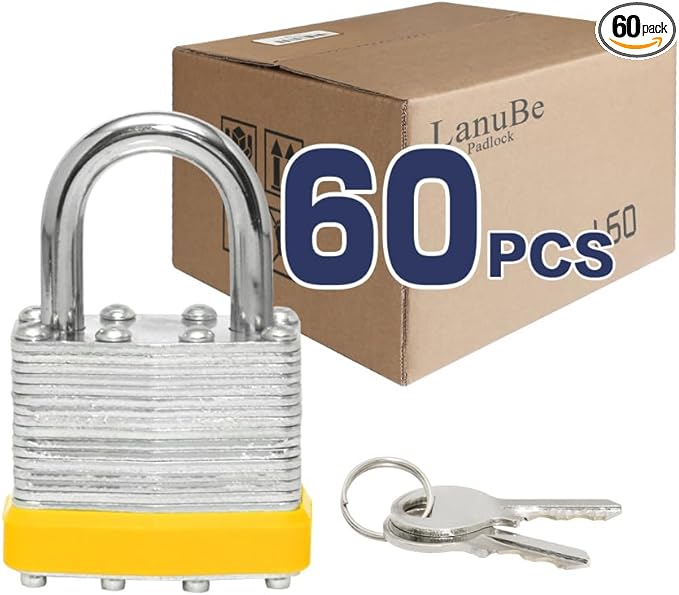 LanuBe Lock Laminated Steel Keyed Padlock,Keyed Alike Locks, Normal Shackle Padlock, Marked Yellow Plastic Hoop, Pack of 60