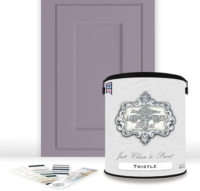 ALL-IN-ONE Paint, Durable cabinet and furniture paint. Built in primer and top coat, no sanding needed. Includes our 30 featured color card - Thistle (gray purple), Gallon