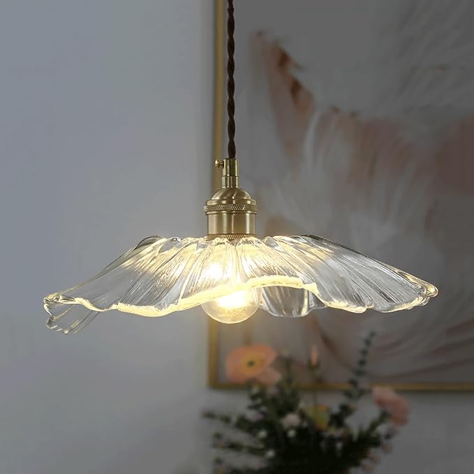 Glass Pendant Lights Full Brass Modern Pendant Lighting Fixture 11 Inch with Rippled Transparent Shade Adjustable Hanging Lamp for Dining Room and Kitchen Island