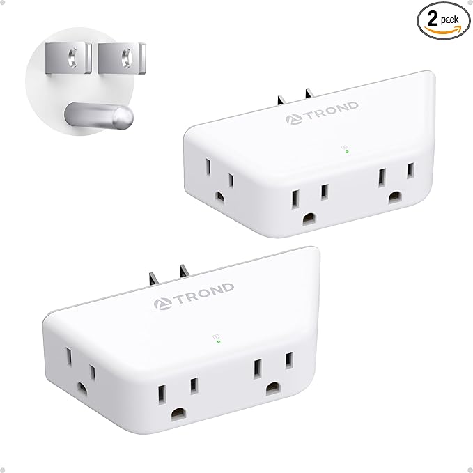 TROND Multi Plug Outlet Extender 2 Pack - Surge Protector Outlet with 4 Grounded Sockets, 3 Way Angled Plug Splitter, 900J, Multiple Wall Adapter for Home Office Travel Dorm Room, White