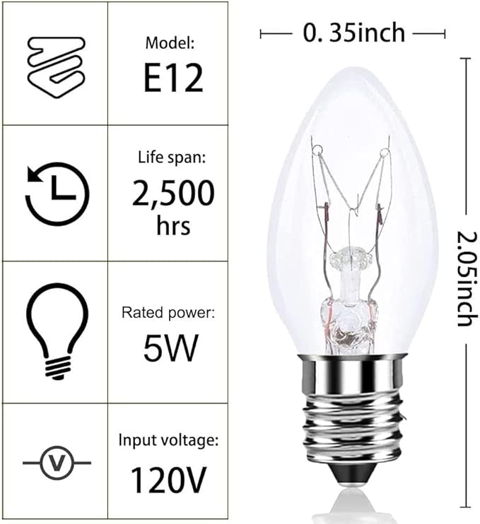 SkrLights 25 Pack C7 Clear Bulbs Christmas Light Bulbs C7 Outdoor String Light Replacement Bulbs, C7/E12 Candelabra Base, 5 Watt-Clear
