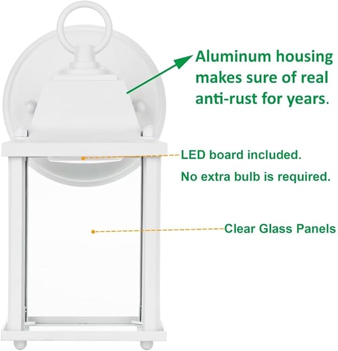 LIT-PaTH Outdoor LED Wall Lantern, Wall Sconce as Porch Light, 9.5W 800 Lumen, Aluminum Housing Plus Glass, 5000k-Matte White Finish, 2-Pack