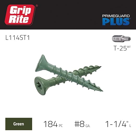 Grip-Rite L114ST1 PrimeGuard Plus #8 x 1-1/4" Wood to Wood Deck Screw, Green, 1lb Box