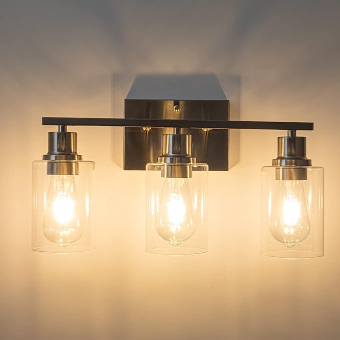 EMONG Brushed Nickel Bathroom Light Fixtures, 3-Light Vanity Lights with Clear Glass Shade, Wall Sconces for Hallway, Farmhouse, Living Room, Kitchen
