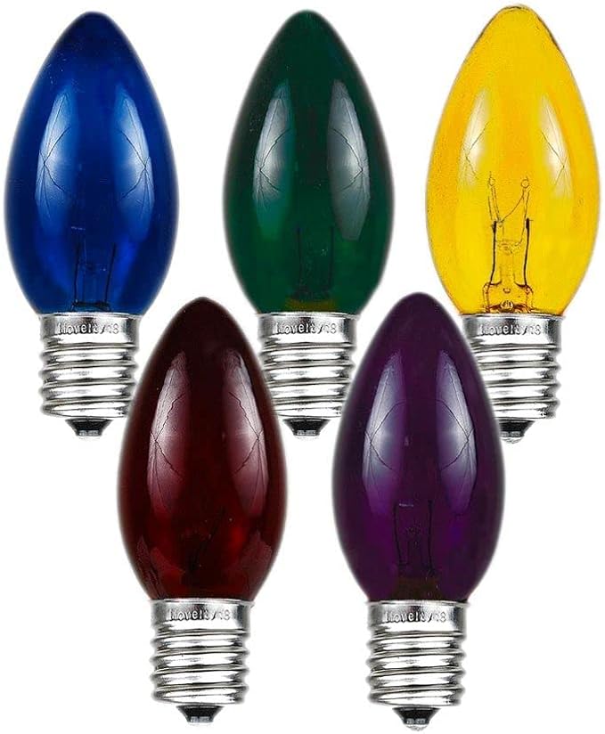 Novelty Lights Incandescent Christmas Replacement Bulbs - Indoor/Outdoor Individual Bulbs for Christmas Tree, Display, & More - C9/E17 Intermediate Base, 7 Watt Lights (Multi, 25 Pack)