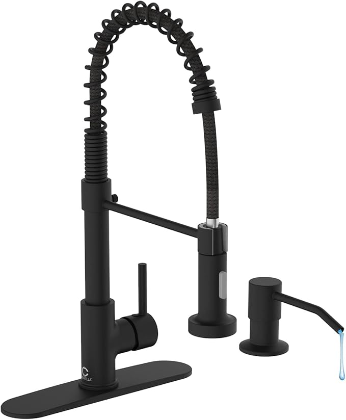 Kitchen Faucet Set, Black Kitchen Sink Faucets with Pull Down Sprayer and Soap Dispenser, Single Handle Stainless Steel Faucets for Kitchen Sinks, Farmhouse RV Faucet with Deck Plate