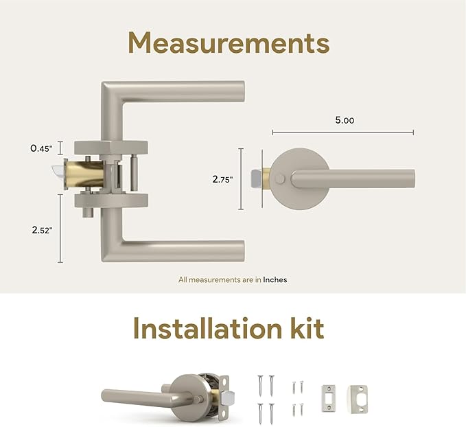 Mega Handles Ronn Privacy Door Handle - 3 Pack Reversible Brushed Nickel Door Handles, Heavy Duty Bed & Bath Door Handles with Privacy Door Lock, Fits All Standard Doors - Satin Nickel