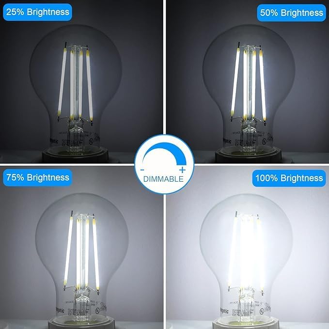Energetic Dimmable LED Filament Light Bulbs Clear, 8W, 60 Watt Equivalent, Daylight 5000K, Classic Clear Glass, A19 LED Edison Bulb, 12 Pack