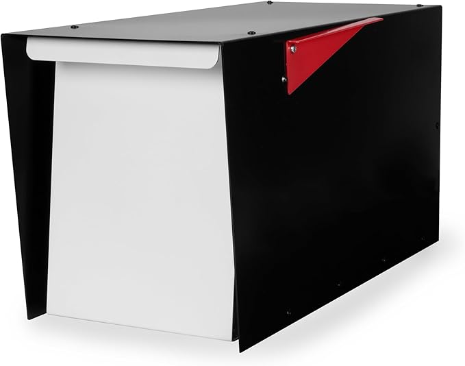 Ilyapa Modern Mailbox for Post Mount - Black with White Door Powder Coated Steel, Waterproof Letter Box for Parcels, with Recessed Magnetic Close Door