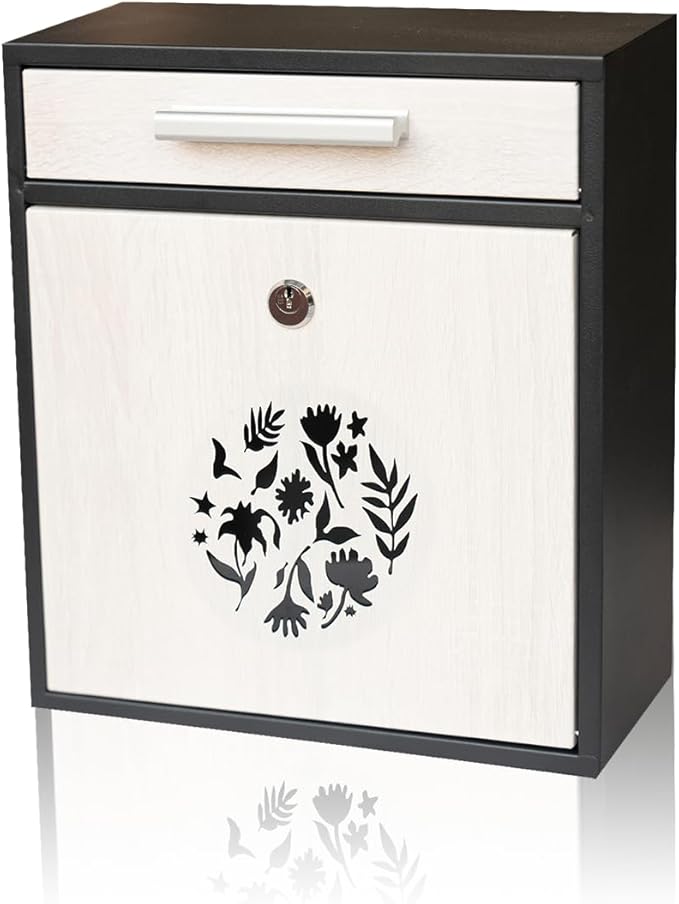 Wall Mount Mailbox, Large Capacity Mailbox for House Outside Galvanized Steel Rust-Proof Metal Post Drop Box, 12"×10.5"×4.7" Flower Hollowed Wooden Patterned Metal Sheet White