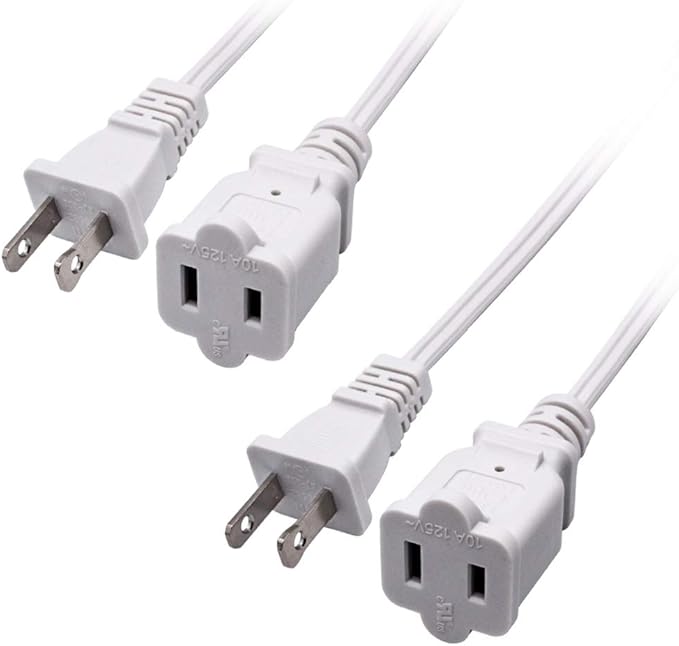 2-Pack Indoor Extension Cord 10FT,2 Prong Extension Cords White,US Male/Female Short Power Cable, UL Listed Perfect for Home Appliances, Office or Christmas Lights