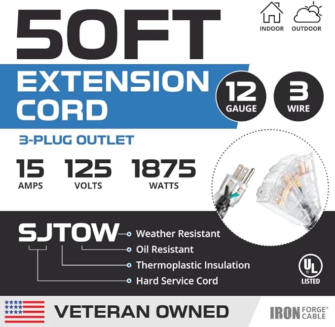 Iron Forge Cable 12 Gauge Extension Cord with Multiple Outlets - Black Heavy Duty Extension Cord 50 ft - 12/3 SJTOW, 3 Prong Lighted Outlet Cords