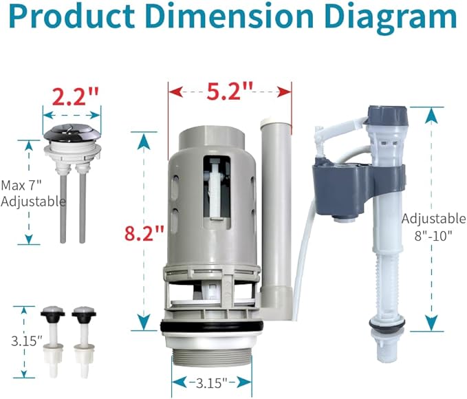 3-Inch Dual Flush Valve Repair Kit for 2-Piece Toilet,Fits Glacier Bay,Aquasource and most brands.Includes 8.2"Height Flush Valve, Fill Valve, Button, and Bolts