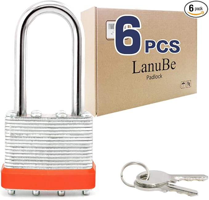 LanuBe Lock Laminated keyed Padlock (1-9/16", 40mm), keyed Alike Locks, Long Shackle,Marked Orange Plastic Hoop, Pack of 6
