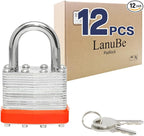 LanuBe Lock Laminated keyed Padlock (1-9/16", 40mm), keyed Alike Locks, Normal Shackle,Marked Orange Plastic Hoop, Pack of 12