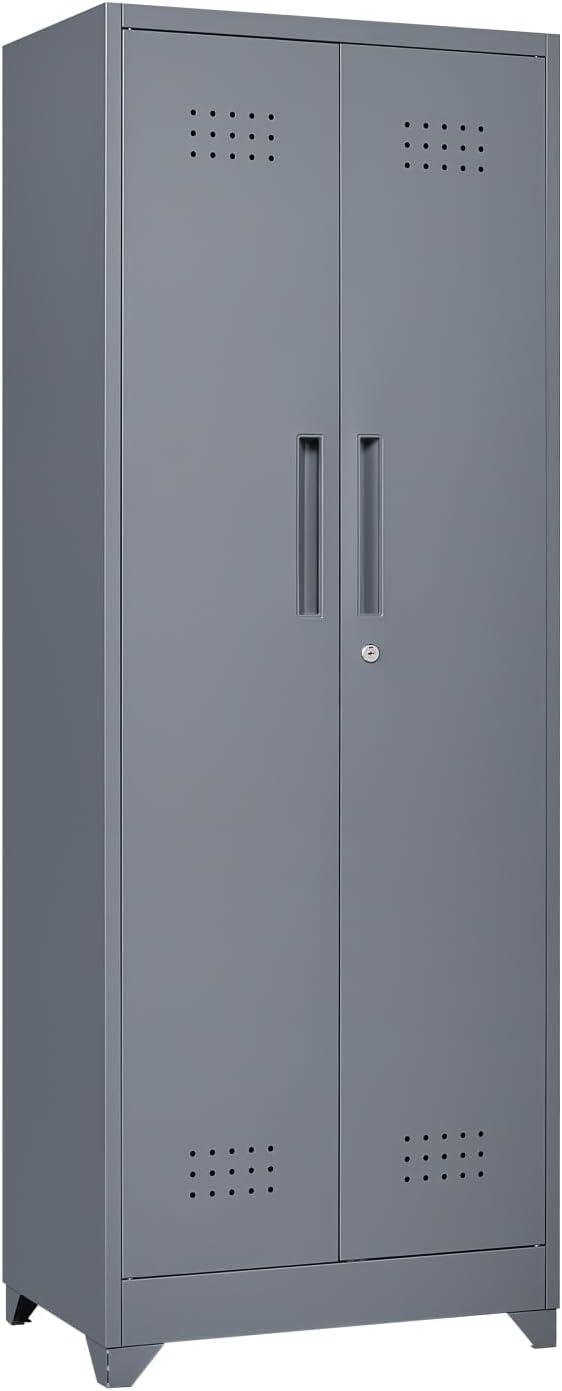 FLEXIMOUNTS 65'' Tall Metal Storage Cabinet with Locking Door, Large Cleaning Tool Organizer for Brooms, Garage, Laundry Room, Bathroom, Dark Grey