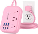 6 USB(3 USB C) Pink Power Strip- 5Ft Pink Extension Cord with 6 USB Charging Station 24W/4.8A and 3 Outlets, Pink Desk Accessories for Cruise Travel Pink Cute Kawaii College Dorm Desk Home Essentials