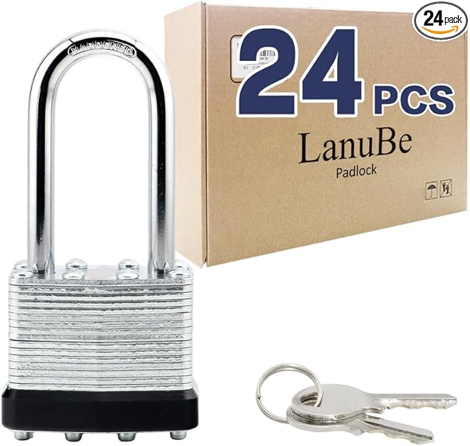 LanuBe Lock Laminated keyed Padlock (1-9/16", 40mm), keyed Alike Locks, Long Shackle,Marked Black Plastic Hoop, Pack of 24