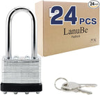 LanuBe Lock Laminated keyed Padlock (1-9/16", 40mm), keyed Alike Locks, Long Shackle,Marked Black Plastic Hoop, Pack of 24