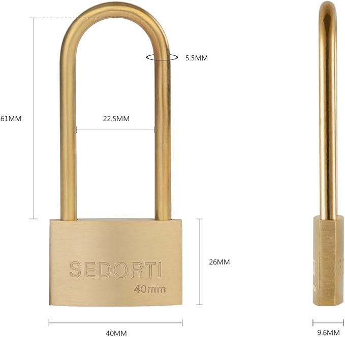 Weather Proof Lock, Solid Brass Padlock with Brass Long Shackle, 1-1/2" Wide, Light Duty Small Marine Grade Padlock