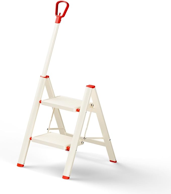 ASPERALD 2 Step Ladder with Single-Handrail,Foldable Step Stool with Anti-Slip Wide Pedals for Home Kitchen Closet,Lightweight Step Folding White