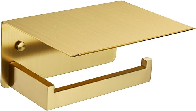 Toilet Paper Holder with Shelf Brushed Gold, APLusee SUS 304 Stainless Steel Modern Bathroom Accessories Tissue Roll Dispenser Storage