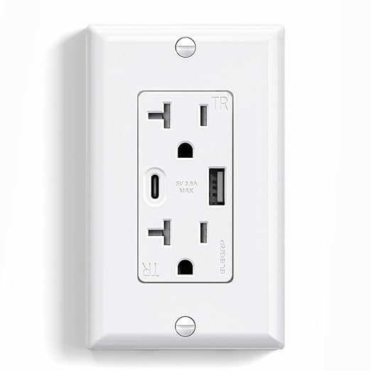 ELEGRP Wall Outlet, 20 Amp C Wall Outlets Receptacles, Outlets with A and C Ports, Tamper Resistant Receptacle, Wall Plate Included, UL Listed, 1 Pack, White