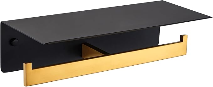 APLusee Double Toilet Paper Holder with Phone Shelf, 304 Stainless Steel Bathroom Tissue Hanger, Wall Mounted Dual Roll Paper Dispenser, Black & Gold