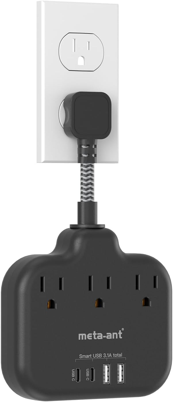 Short Extension Cord 2 inch, Short Cord Power Strip with 3 Outlets 4 USB(2 USB-C) 17W, Flat Outlet Extender, Non-Blocking, Non-Surge Protection for Cruise Travel Dorm Kitchen Bathroom, Black