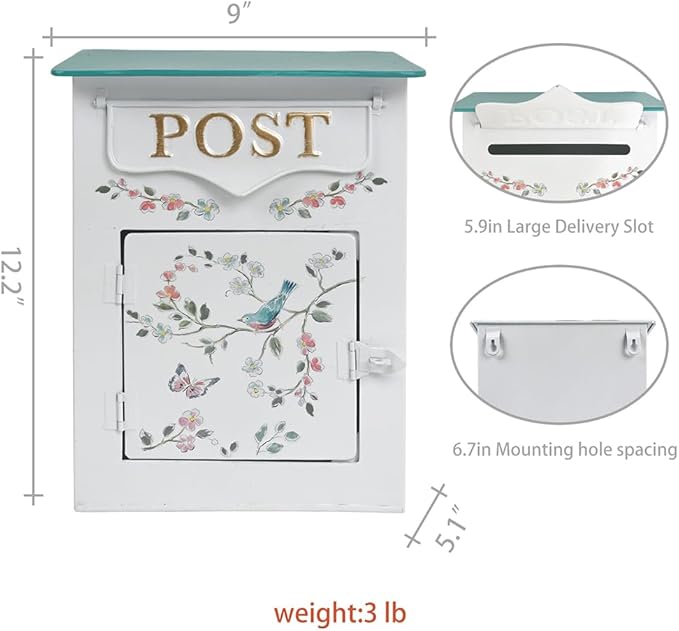 Mailbox Wall Mount Mailboxes for Outside Vintage Mail Boxes for House Outside Metal Drop Box Antique Style Nostalgic Charm Home Decorative, Flower Pattern, White