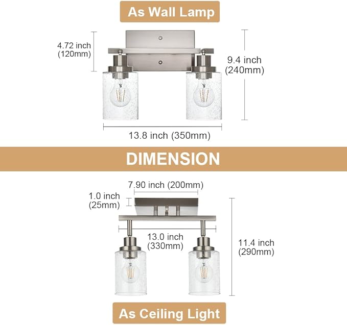 2-Light Wall Sconce Spotlight with Seeded Glass Shade, Modern Brushed Nickel Ceiling Track Lighting for Hallway Bathroom
