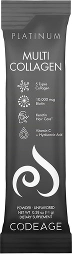 Codeage Multi Collagen and Biotin 10,000 mcg + Vitamin C, B6 & D3, Keratin, Hyaluronic Acid, Niacin, 18 Amino Acids - Stick Packs Supplement - 5 Types Collagen Protein – 30 Powder Packets