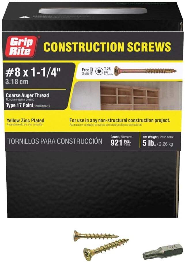 Grip-Rite 114GCS5#8 x 1-1/4", T25 Star Drive Gold Construction Wood Screw, 5lb Box