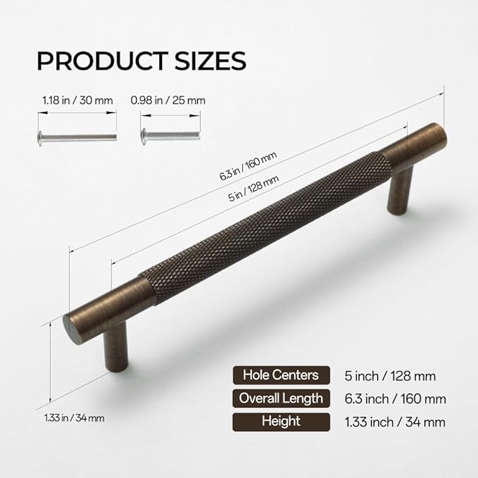 Solid Brass Cabinet Pulls, Knurled Cabinet Pull, Antique Brass Drawer Handles for Bathroom, Bedroom, Kitchen (4, 6.3inch/160mm)