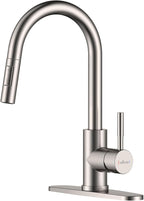 APPASO Kitchen Faucet with Pull Down Brushed Nickel, Single-Handle High Arc Swan-Neck Modern Kitchen Sink Faucet with Optional Deck Plate Stainless Steel