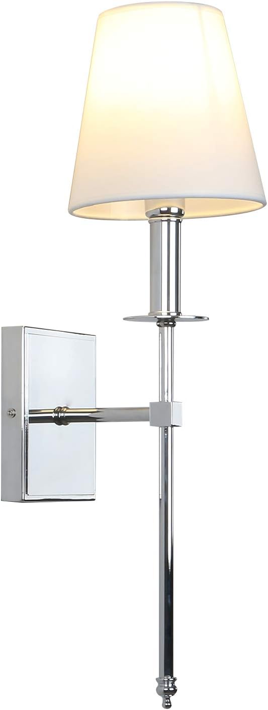 PERMO Single Classic Rustic Industrial Wall Sconce Lighting Fixture with Flared White Textile Lamp Shade and Chrome Tapered Column Stand