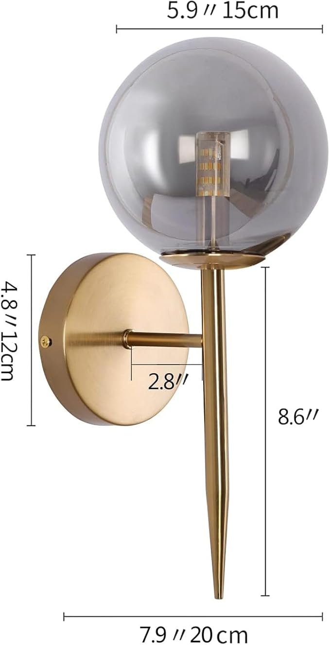 SeeU Gold Wall Sconces Mid Century Style Set of 2,Brass Wall Lamp Fixture,Vanity Light Fixture Wall Lamp with Grey Globe