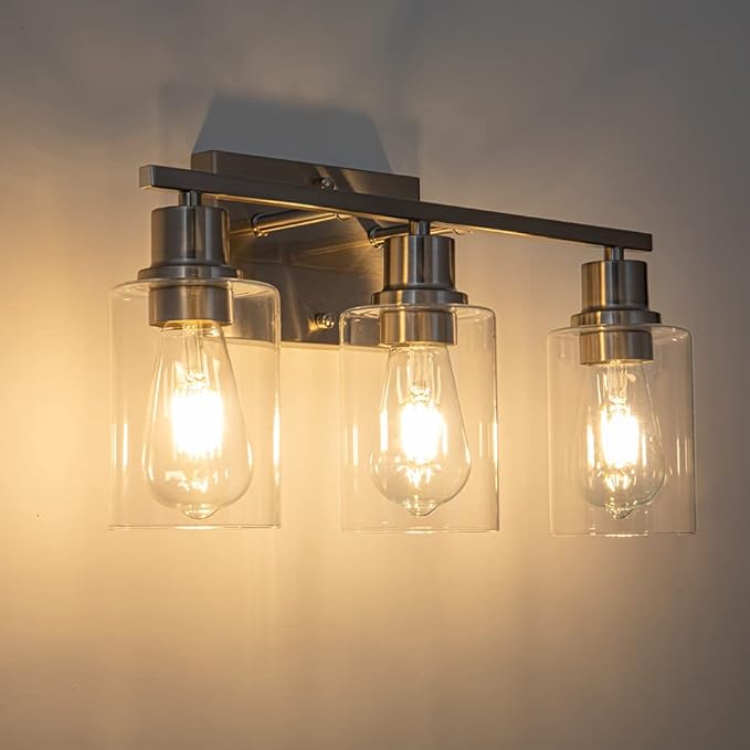 EMONG Brushed Nickel Bathroom Light Fixtures, 3-Light Vanity Lights with Clear Glass Shade, Wall Sconces for Hallway, Farmhouse, Living Room, Kitchen