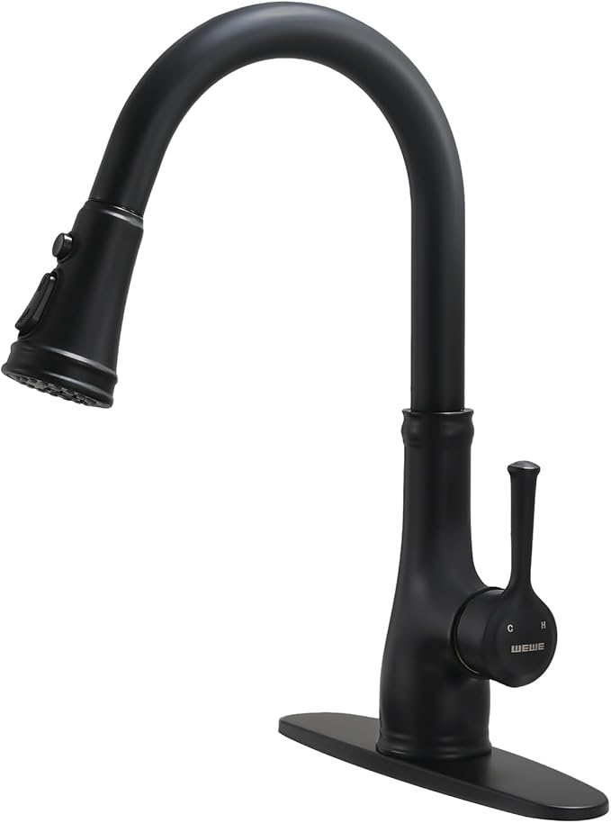 WEWE Vintage Kitchen Faucet with Pull Down Sprayer, Stainless Steel 1 or 3 Hole High Arc Single Handle Antique Sink Faucet for Classic Modern Ktichen, Matte Black