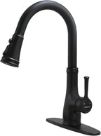 WEWE Vintage Kitchen Faucet with Pull Down Sprayer, Stainless Steel 1 or 3 Hole High Arc Single Handle Antique Sink Faucet for Classic Modern Ktichen, Matte Black