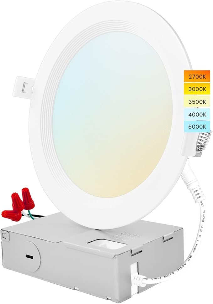 LUXRITE 6 Inch Ultra Thin LED Recessed Lighting, 14W, 5 Color Selectable 2700K | 3000K | 3500K | 4000K | 5000K, CRI 90, 1150 Lumens, Dimmable LED Wafer Lights, Wet Rated, UL Listed, Baffle Trim